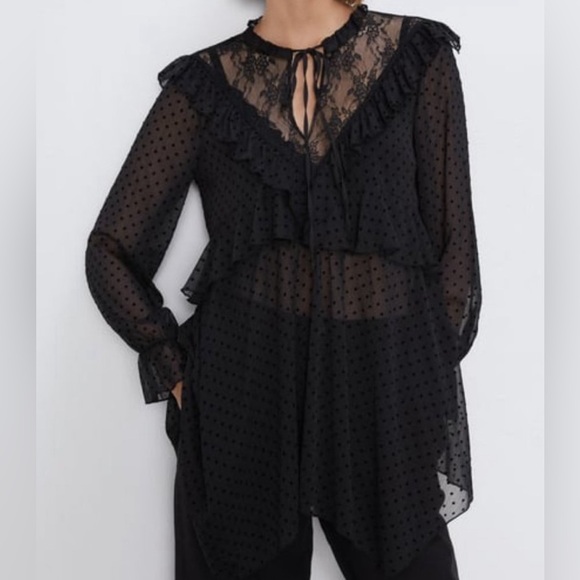 Zara Black Dotted Mesh Dress with Ruffles | Small - Picture 3 of 10